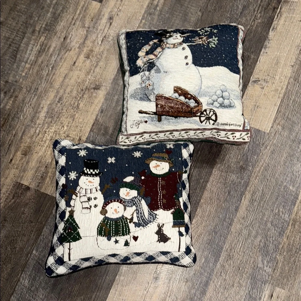 Festive Tapestry Snowman Holiday Pillows - Navy and White set of 2